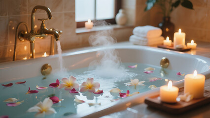 A luxurious, spa-like bathtub filled with warm water, flowers, and candles, creating a relaxing atmosphere.