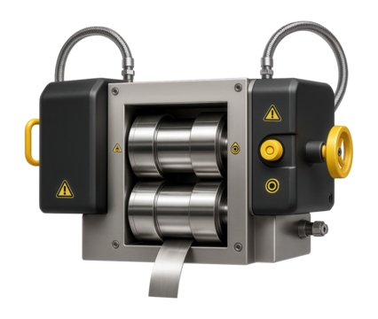 Horizontal continuous casting machine with twin-roll technology for creating thin strips of metal in a steel mill