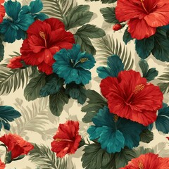 Vibrant Floral Pattern with Red and Blue Tropical Flowers on Beige