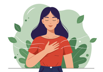 A young woman with closed eyes practices mindfulness and deep breathing exercises for stress relief in a peaceful, nature-inspired setting, promoting wellness.