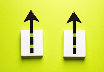 Two black upward-pointing arrows on white squares against a lime-green background, with lime-green accents
