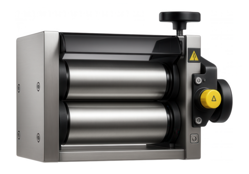 Roller press with a continuous feed and adjustable gap for compressing raw materials into slabs in a cement production facility