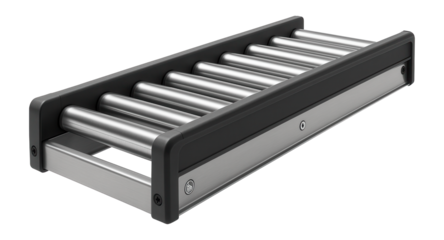 Roller conveyor with gravity-fed rollers and side rails for transporting packages in a distribution center