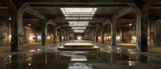 Brutalist Podium under industrial skylights with rust textures. Copy Space. Generative AI