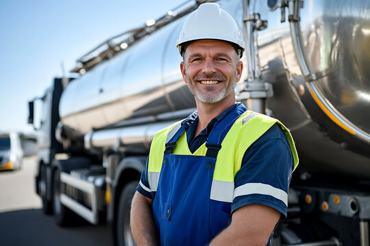 Smiling Tanker Driver: Portrait of a confident driver in safety gear standing next to a large shiny tanker truck under a bright blue sky. Safety first!
