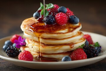 Delicious stack of fluffy pancakes topped with fresh berries and dripping maple syrup