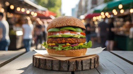 Colorful, realistic illustration of a delicious vegan burger displayed at a lively street market. The burger is vibrant with fresh vegetables, plant-based patty, lettuce, tomato, and avocado in a sesa