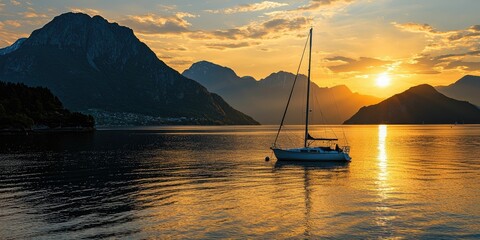 Calm bay with mountains and sailboat, sun setting behind peaks