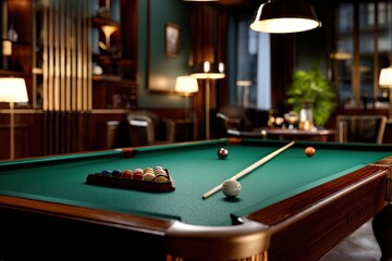 Relaxing evening in an elegant billiard room with warm lighting and a well-maintained pool table ready for a game