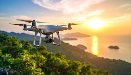 Drone flying over tropical island at sunset, capturing breathtaking aerial footage