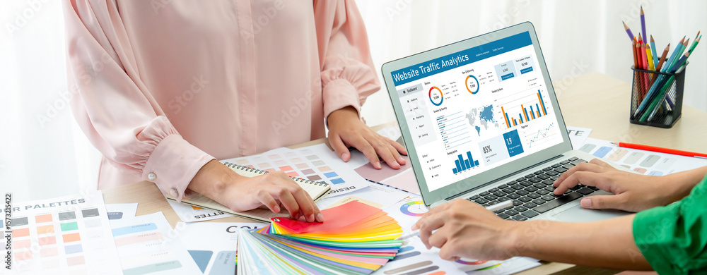 Poster computer software for website traffic analytics data on computer screen. concept of seo search engin