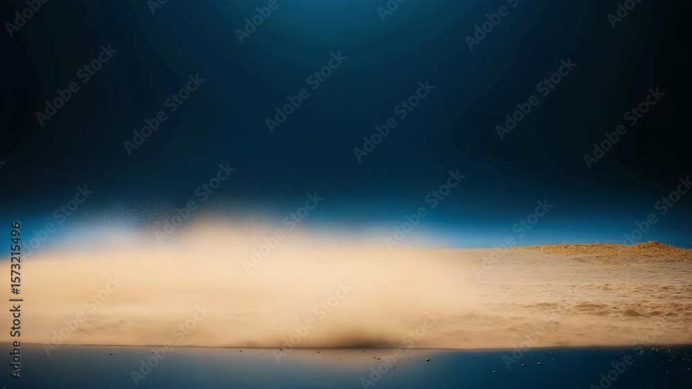 Poster abstract explosion of sand dust creating dynamic motion and energy on blue background.