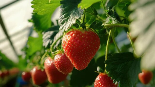 Ripe strawberries in a greenhouse setting.