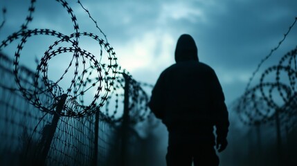A silhouette of a person wearing a hood stands near a barbed wire fence under a cloudy sky, evoking a tense and somber atmosphere.