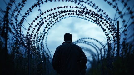 A person stands silhouetted before spirals of barbed wire fencing under a moody, cloudy sky at dusk.