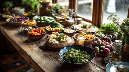 A rustic wooden table filled with vibrant vegetarian dishes fresh herbs colorful vegetables captured in warm natural lighting farmhouse style real photo stock photography