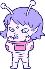 pretty cartoon nervous alien girl in bright neon color