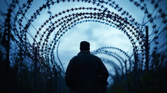 A person stands silhouetted before spirals of barbed wire fencing under a moody, cloudy sky at dusk.