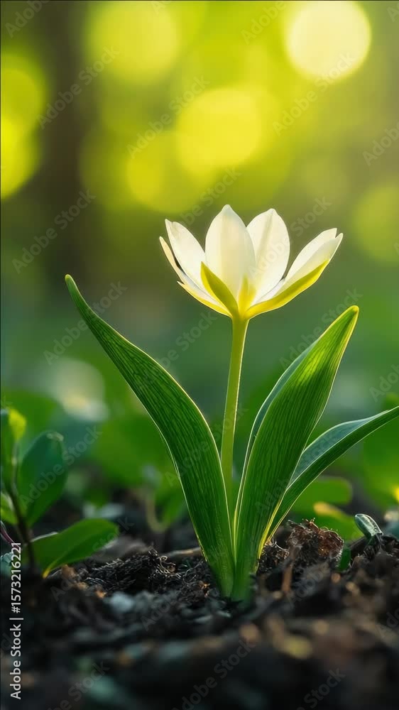 Poster a single flower blooming in a forest during early spring, with sunlight filtering through the trees 