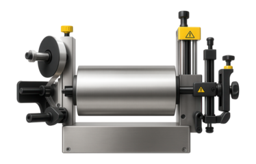 Wrap-around labeling machine with a cylindrical roller and adjustable guides for labeling cylindrical containers in food processing facilities