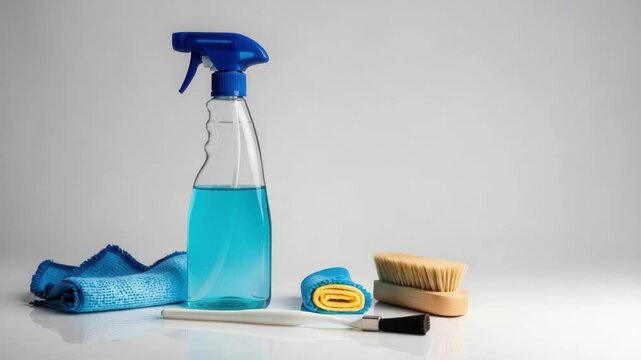 Cleaning tools set with spray bottle, brush, and cloth for cleaning service concept.