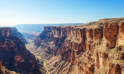 winding rocky cliffs over canyon, visible rock layers, clear sky, daylight shadow contrast