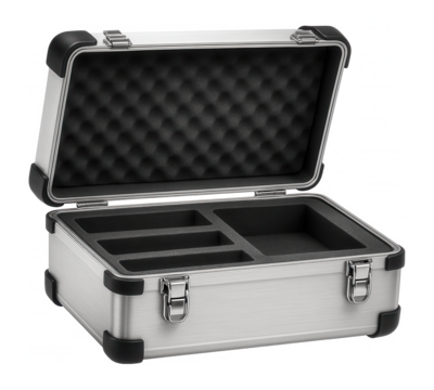 Lightweight aluminum container with a foam-lined interior for transporting sensitive equipment in an electronics factory