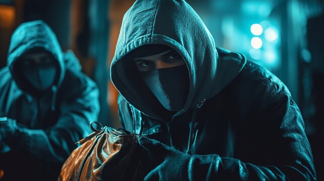 Masked thief in hoodie stealing at night
