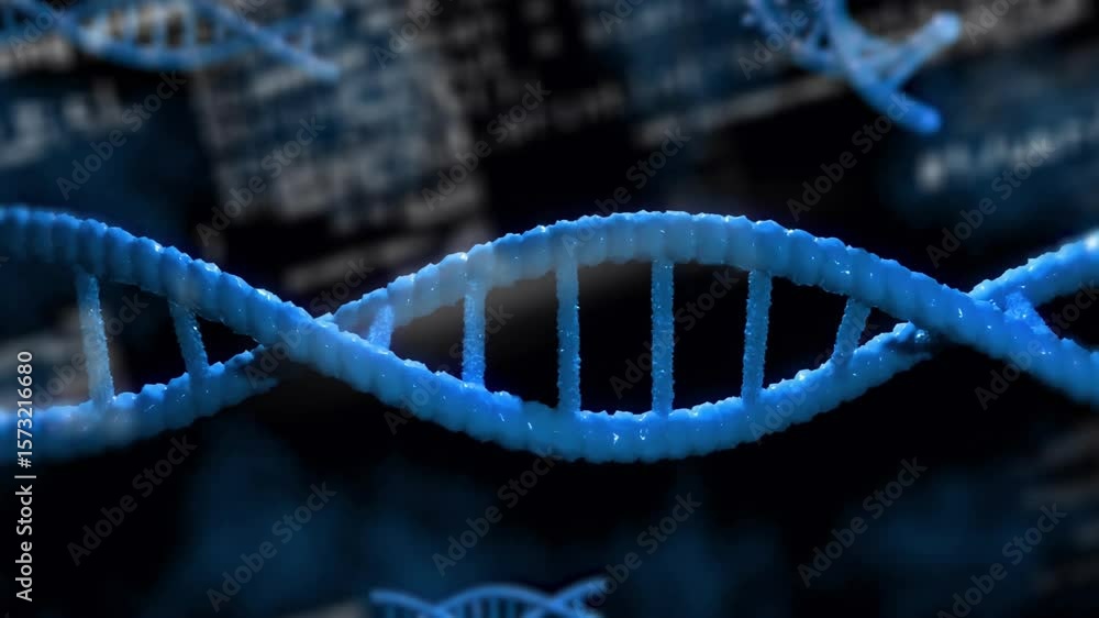 Poster blue dna helix appearing against code background, rotating, drifting and visualizing data flow