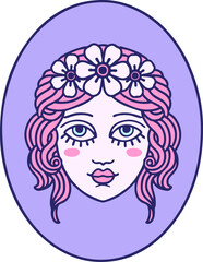 tattoo in traditional style of a maiden with flowers in her hair in bright neon color