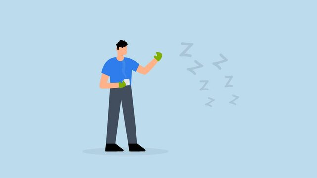 4k animation of awake businessman drinking coffee and wearing boxing gloves to fight lazy sleepy symbol.