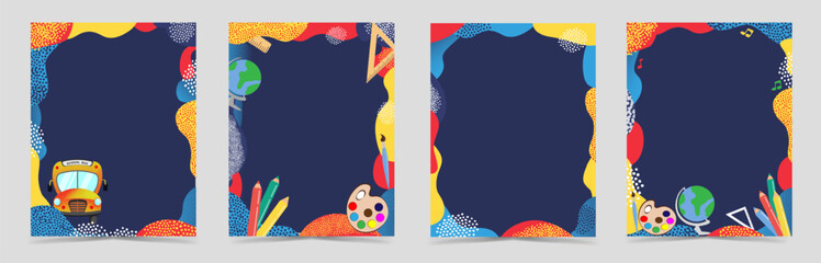 Colorful Back to School Frames with Abstract Borders and school supplies like bus, globe, pencils, palette, ruler. For educational posters, kids invitations, or school announcements. Vector image  © loli