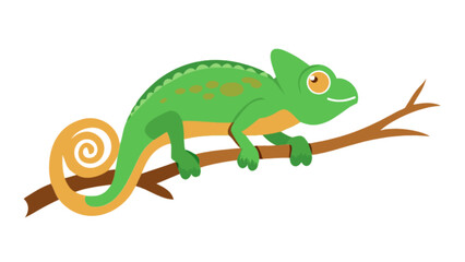 Cute green chameleon lizard on branch vector illustration reptile animal cartoon character wildlife nature art design