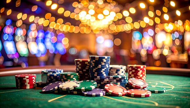 Casino poker chips on a table - Powered by Adobe