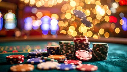 Casino poker chips stacked on a green felt table