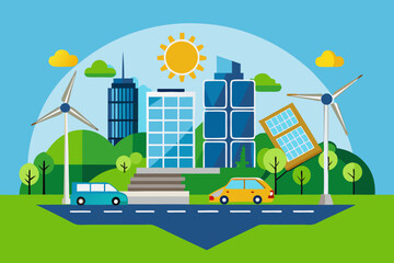 Renewable energy city with wind turbines and solar panels buildings