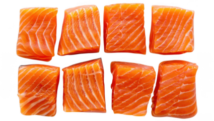 Eight Raw Salmon Fillets With White Fat Lines On fish food