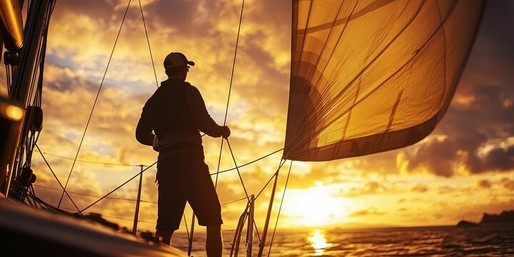 Cinematic silhouette of sailor adjusting sail in golden hour - Powered by Adobe