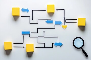 Flowchart with yellow and blue blocks, arrows, and a magnifying glass