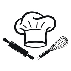 Chefs Hat Rolling Pin Whisk Baking Cooking Kitchen Icon Black White Silhouette toque