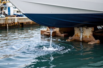Obraz premium Boat Hull Drainage: Water trickles from the hull of a boat resting on stands in a marina, creating gentle ripples on the water's surface.