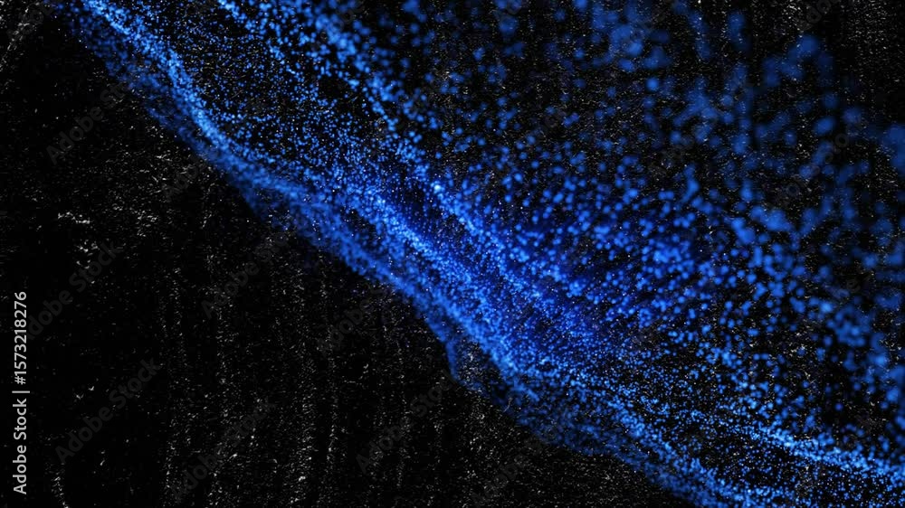 Poster emerging blue particles merging and aligning into ribbon illustrating flow over dark granular field
