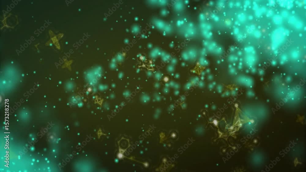 Aufkleber teal and yellow shapes drifting in from right side while forming hexagon outlines for data view