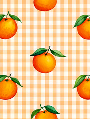 Watercolor Seamless Repeating pattern of vibrant oranges with check and polka dots Background for Notebook Cover Textile Clothes Print.