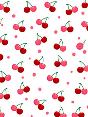 Watercolor Seamless Repeating pattern of vibrant red cherries with green stems and pink polka dots Background for Notebook Cover Textile Clothes Print.