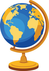 Stylized globe with blue oceans and yellow continents on a golden stand