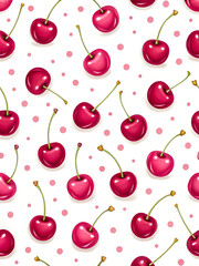 Watercolor Seamless Repeating pattern of vibrant red cherries with green stems and pink polka dots Background for Notebook Cover Textile Clothes Print.