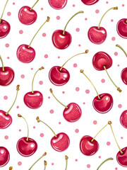 Watercolor Seamless Repeating pattern of vibrant red cherries with green stems and pink polka dots Background for Notebook Cover Textile Clothes Print.