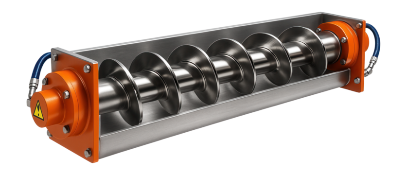 Shaftless screw conveyor with an open trough design and a stainless steel spiral for handling sticky materials in a chemical processing plant.