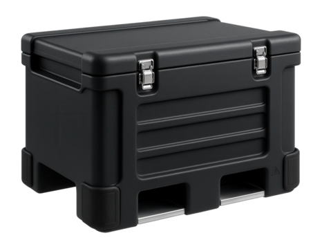 Portable polyethylene bunker with forklift pockets for temporary storage of building materials.